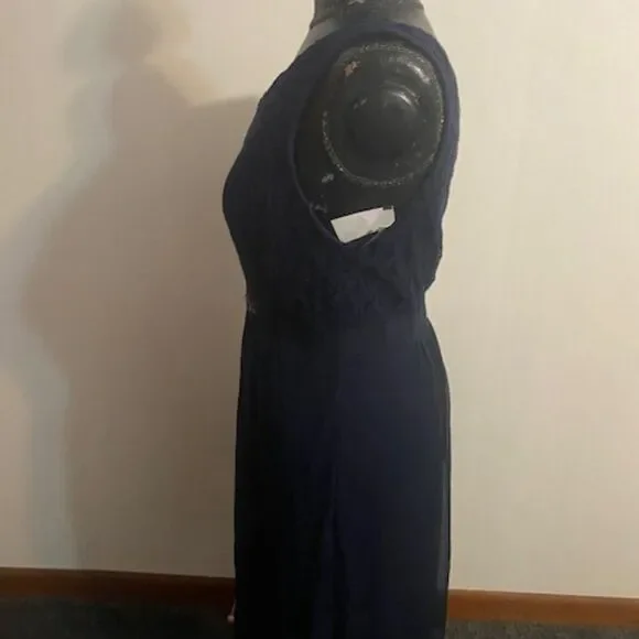 Adrianna Papell Navy 1 Shoulder Lace bodice embellished waist dress, size 12 - Picture 2 of 5